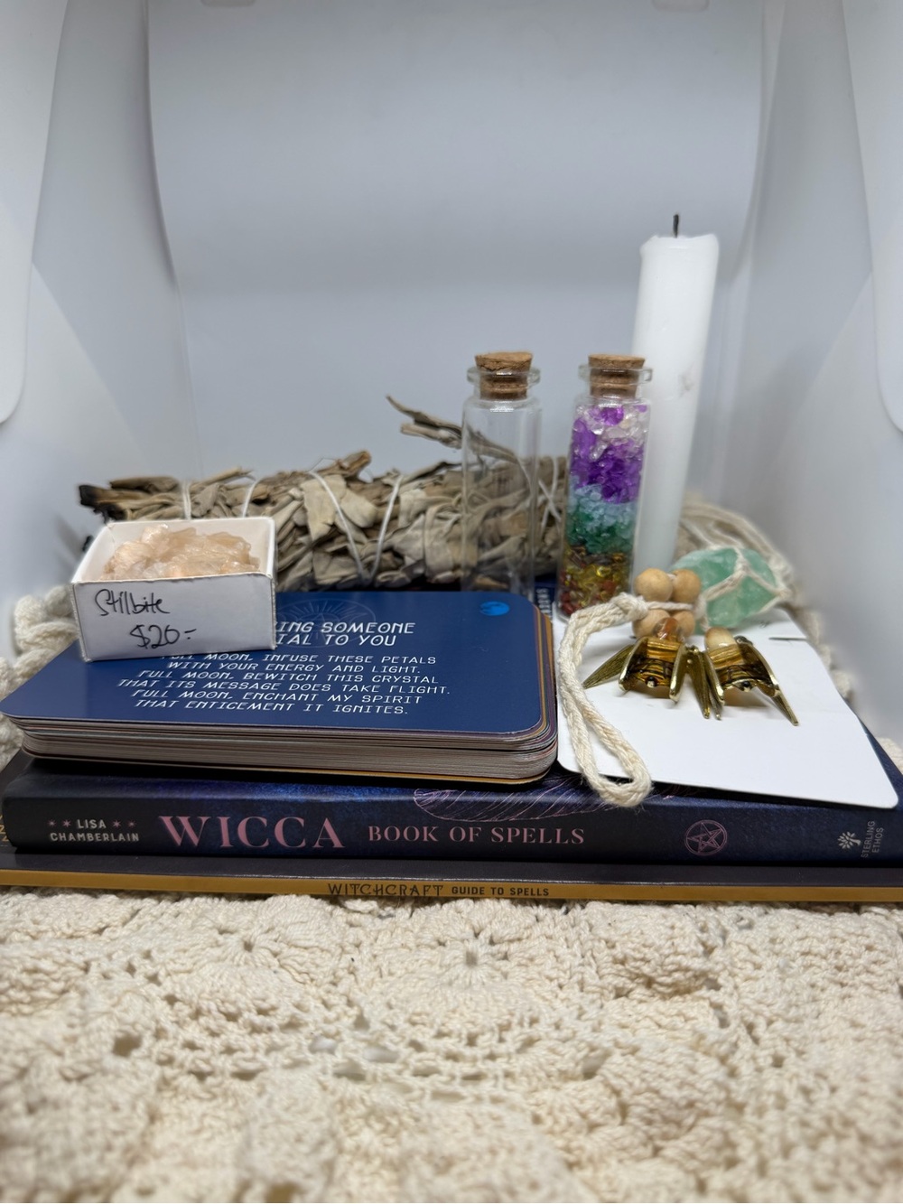 Wicca Kit: 2 Books of Spells, Spell Cards, White Candle, Crystals, and more